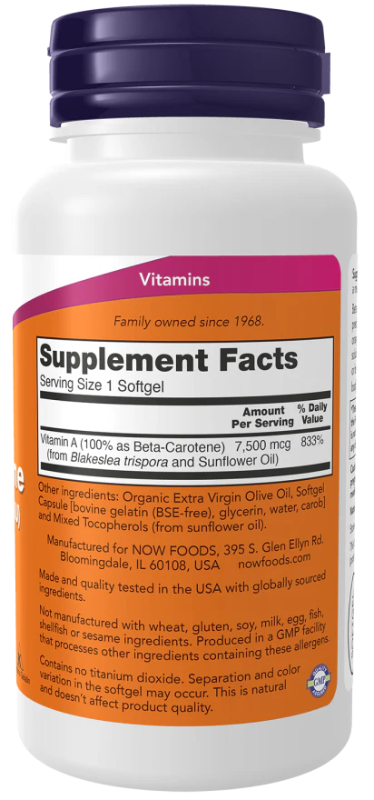 NOW Beta Carotene Natural 7,500 mcg, 90 Ct - Image 2