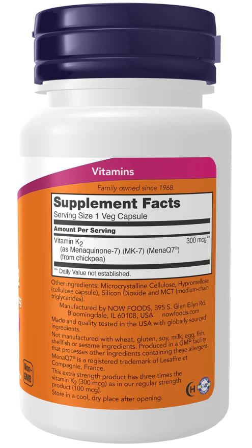 NOW MK-7 (Vitamin K-2) Extra Strength 300mcg, 60 Ct - Image 2