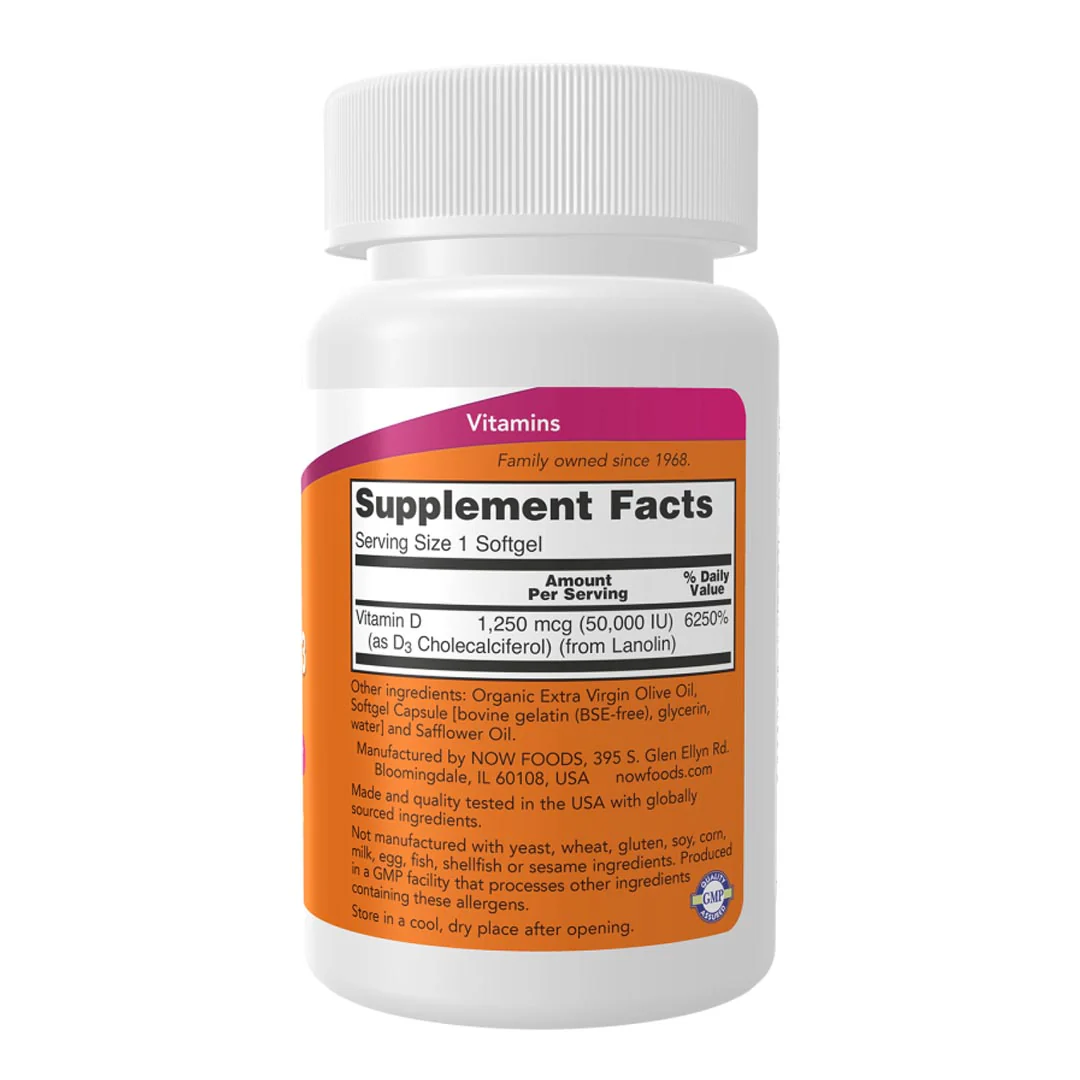 NOW Vitamin D-3 50,000IU, 50 Ct - Image 2